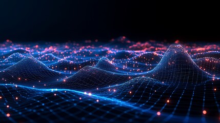 Poster - abstract digital landscape with glowing points and grid in blue and red colors against dark backgrou