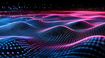 Poster - abstract digital landscape with waves and particles in blue and pink hues against a black background