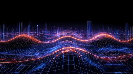 Poster - Abstract Digital Landscape with Wavy Lines and Glowing Particles in Vibrant Colors Against Dark Background