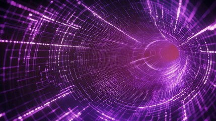 Poster - abstract digital tunnel with neon lines and particles moving in circular path for technology backgro