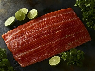 Wall Mural - A fresh salmon fillet garnished with lime slices and cilantro, ready for culinary preparation.