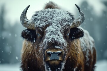 Wall Mural - close-up of bison in snowy landscape