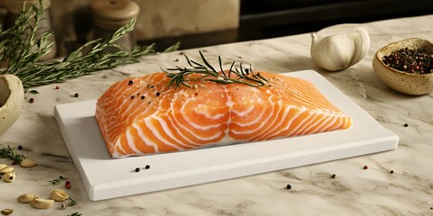 Wall Mural - A fresh salmon fillet garnished with herbs on a marble countertop.