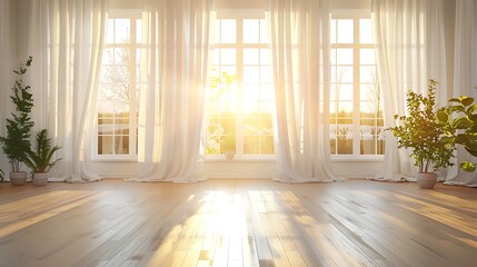 Wall Mural - Sunrise through large windows with white curtains fluttering, clean light wood floors, expansive white walls, golden sunlight streaming, plants on either side, natural outdoor scenery, bright and airy