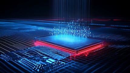 Poster - abstract technology visualization of data streams and digital circuitry in futuristic blue and red t
