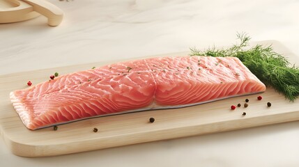 Wall Mural - A fresh salmon fillet on a wooden cutting board, garnished with dill and peppercorns.