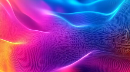 Poster - abstract digital background with a glowing mesh and a gradient of pink, yellow, and blue.