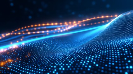 Poster - abstract visual background with gradient of blue and orange dots representing data flow and technolo