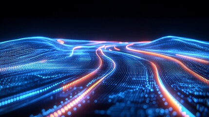 Poster - futuristic abstract digital landscape with glowing lines and waves in blue and orange colors