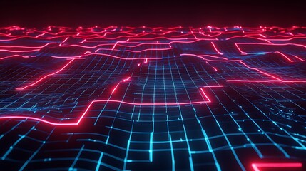 Poster - Futuristic Abstract Digital Landscape with Neon Lines in Blue and Red Glow on a Dark Background