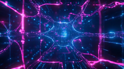 Poster - futuristic abstract digital neural network visualization with neon colors and motion effects in 3d s