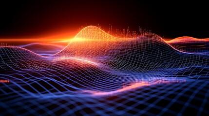 Poster - futuristic abstract landscape with flowing waves and vibrant light effects in dark background
