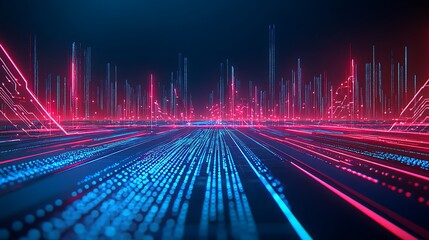 Poster - Futuristic digital landscape with bright blue and red lights illuminating a data-driven virtual environment
