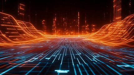 Poster - futuristic digital landscape with glowing lines and data streams in vibrant orange and blue neon col