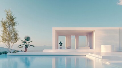 Elegant white architectural building with abstract design, positioned against a stunning city skyline and ocean view. The minimalist background, clean ground, and expansive sky create a perfect settin