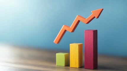 Poster - An orange arrow pointing upwards next to a bar graph made of colorful blocks.