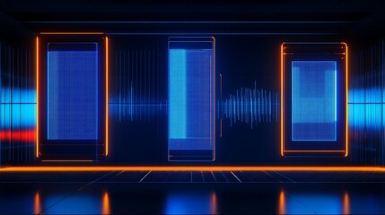Poster - futuristic digital space with neon lights and sound wave patterns in a high-tech environment