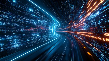 Poster - futuristic high-speed data stream with neon lights and blurred effects in cyberpunk style environmen