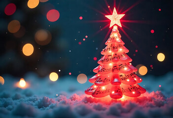 Poster - **A beautiful 3D Christmas tree crafted entirely from musical notes, each note contributing to the elegant tree shape. At the top, a radiant, glowing star red