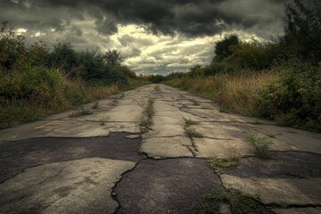 An aged, cracked road stretches ahead with dense overgrown vegetation on both sides under a dark, stormy sky creating a sense of mystery and desolation.