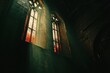 © ChaoticMind - A dramatic play of sunlight spills through the ornate stained glass windows of an old church, casting colorful patterns on the darkened interior wall.