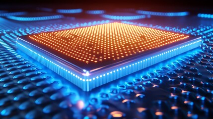 Poster - Futuristic Microchip with Glowing Patterns on a Modern Electronic Circuit Board Surface