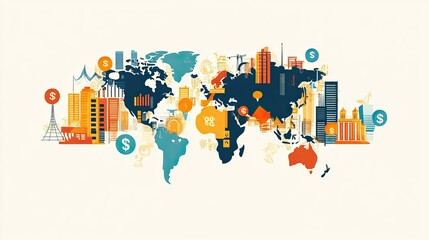 Poster - Global Finance: Stylized World Map with Cityscapes and Financial Icons