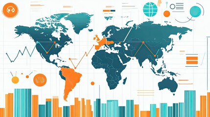Poster - Global Business Data Visualization:  World Map with Interconnected Growth Charts