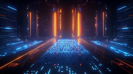 Poster - futuristic neon corridor with glowing lines and digital grid for sci-fi and technology concepts