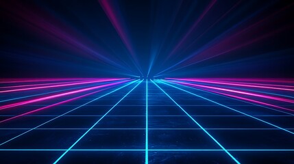 Poster - futuristic neon grid background with colorful light beams in dark space environment for abstract des