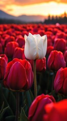 Aufkleber - A stunning display of vibrant tulips fills the landscape, with brilliant red flowers surrounding a single pristine white bloom. This captivating sight is enhanced by a warm sunset in the background