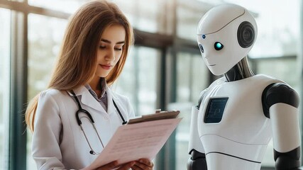 Poster - healthcare professional interacts with ai robot in modern medical facility showcasing innovative tec
