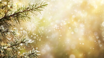 Canvas Print - Snowy pine branches against a golden bokeh background, with snowflakes falling.