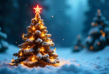 Poster - **A beautiful 3D Christmas tree crafted entirely from musical notes, each note contributing to the elegant tree shape. At the top, a radiant, glowing star red