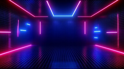 Wall Mural - Neon Grid Background with Colorful Lights for Futuristic and Cyberpunk Designs in Dark Environment