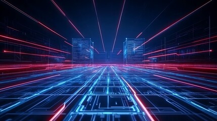 Poster - stunning digital landscape with abstract neon lines and data flow representing futuristic technology