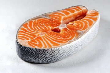 Wall Mural - A fresh salmon steak showcasing vibrant orange flesh and scales.