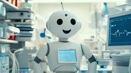 Poster - Smiling robot stands in a futuristic lab surrounded by advanced technology and monitoring equipment