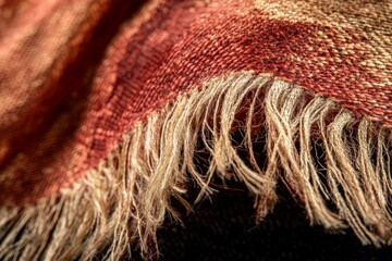 Fototapete - An intricate close-up image showcasing a red and brown textured fabric with fringed edges, revealing a warm and rustic tactile appearance and artistic craftsmanship.