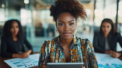 Poster - In a contemporary office, a black businesswoman confidently leads her team, holding a tablet while colleagues engage in discussion. The atmosphere reflects collaboration and professionalism