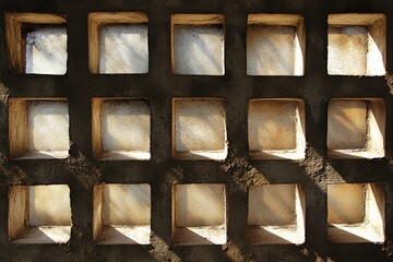 Poster - Sunlight streams through a concrete grid, casting soft shadow patterns that play with light and texture, illustrating a harmonious blend of nature and urbanity.