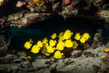 Poster - This image captures a vibrant school of yellow fish as they navigate through the intricate ecosystem of a coral reef cave, reflecting oceanic life dynamics.