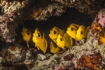 Poster - A group of vibrant yellow fish shelter beneath a coral reef, showcasing the vivid underwater life and the serene beauty of marine ecosystems found in deep oceans.
