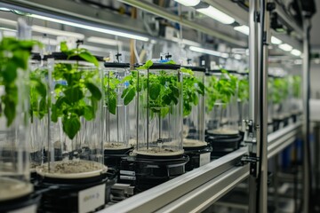 Poster - This image displays a controlled laboratory environment where plants grow in transparent chambers, emphasizing precision in scientific research and environmental science.