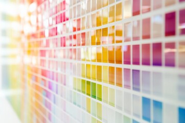 Leinwandbilder - A vibrant mosaic wall featuring multicolored square tiles reflecting light, representing diversity, creativity, and the artistic mosaic pattern stylings of modern art.