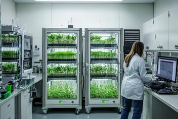 Fototapete - A scientist engaged in a sophisticated plant growth research facility, highlighting scientific exploration, innovation, and the blend of human interaction with technology.