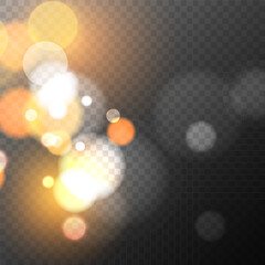 Aufkleber - Gold colored bokeh lights. Bright blur light effect. Abstract blurred overlay template. Transparent background. Festive graphic template. Vector illustration.