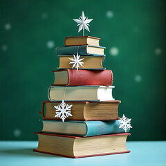 Aufkleber - Christmas tree made of books on a green background, , Christmas concept representing the holiday season and reading day,