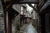 A narrow cobblestone street lined by historical stone and timber-framed houses evokes a sense of medieval life and architecture frozen in time.