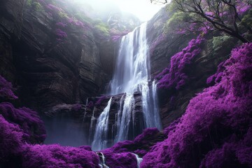 Aufkleber - A waterfall cascades amidst dense purple foliage, bathed in misty light, creating an ethereal and enchanting ambiance, evoking peace and wonder.